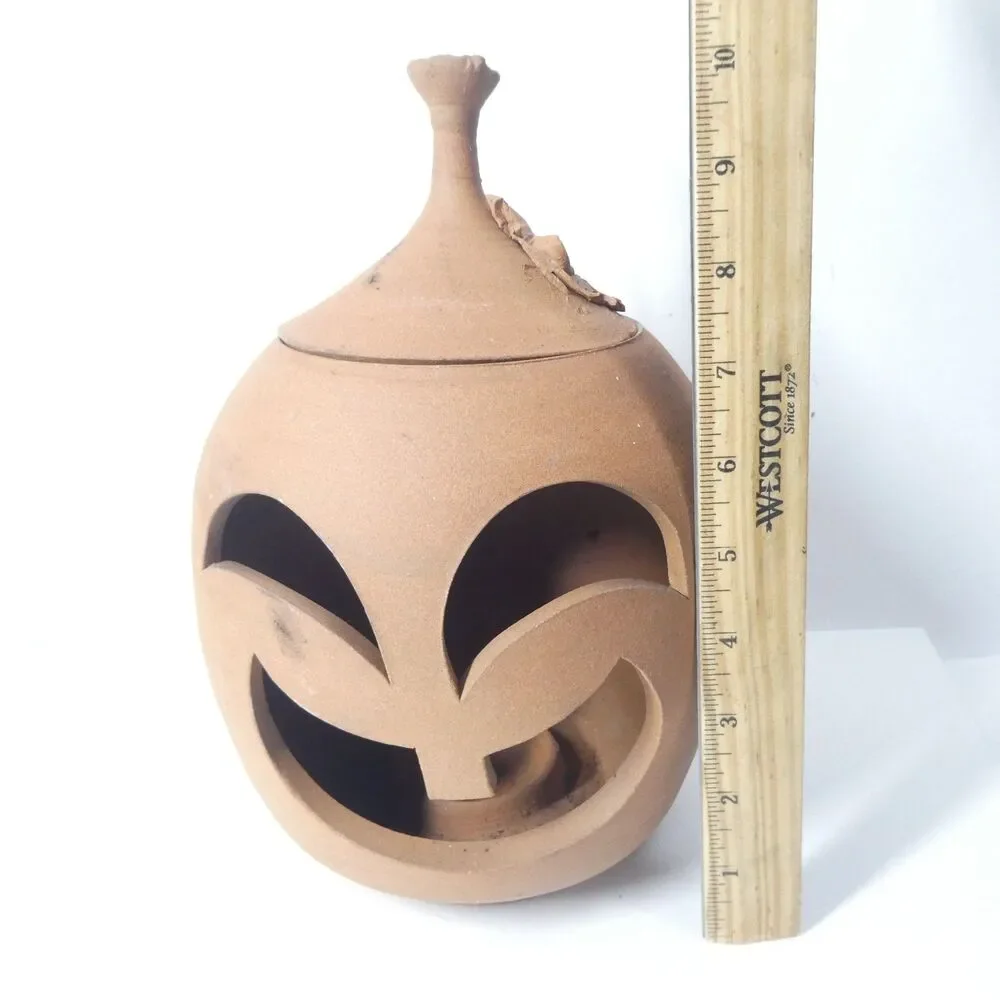 Terra Cotta Pumpkin Jack O Lantern Candle Holder Signed Clay Pottery Handmade